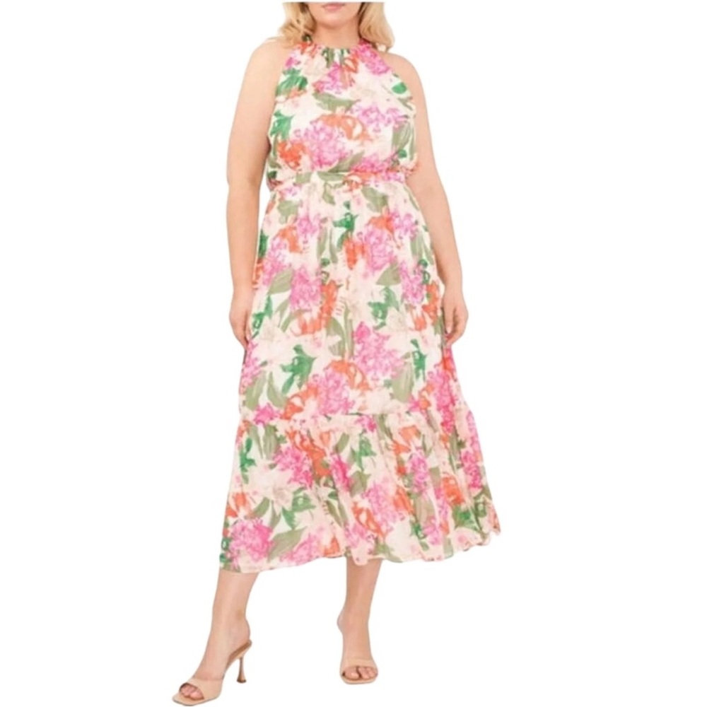 CECE Pink‎ Floral Print Chiffon Halter Midi Dress Size 14 18W 20W 22W 24W New